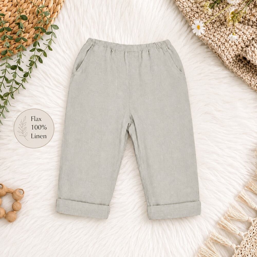 Flax 100% Linen Pull-On Elastic Waist Cropped Pants Tan Relaxed Fit Medium